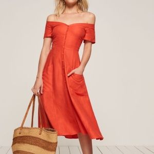Reformation Mariposa Red Midi Off Shoulder Dress